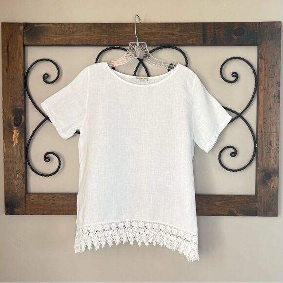 Terzo Millennio Italian Linen Crocheted Short Sleeve Crisp White Tunic Blouse - Picture 1 of 10